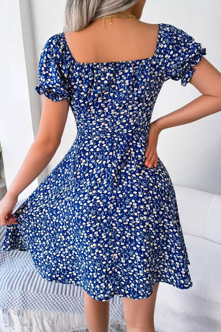 Vestido Boho Floral Corto Escote Cuadrado Manga Corta Con Volantes