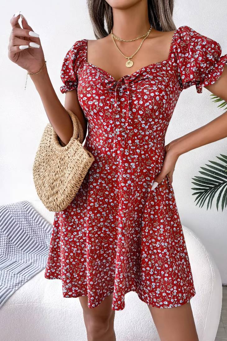 Vestido Boho Floral Corto Escote Cuadrado Manga Corta Con Volantes