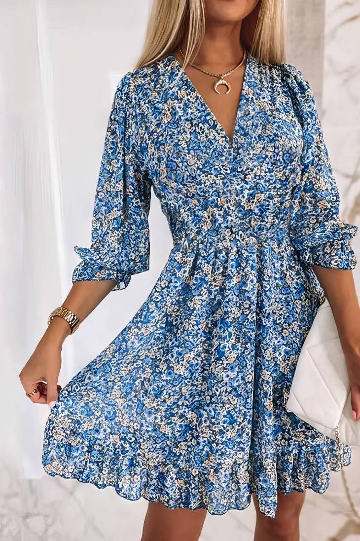 Vestido Boho Floral Corto Escote V Manga 3/4 Fluid