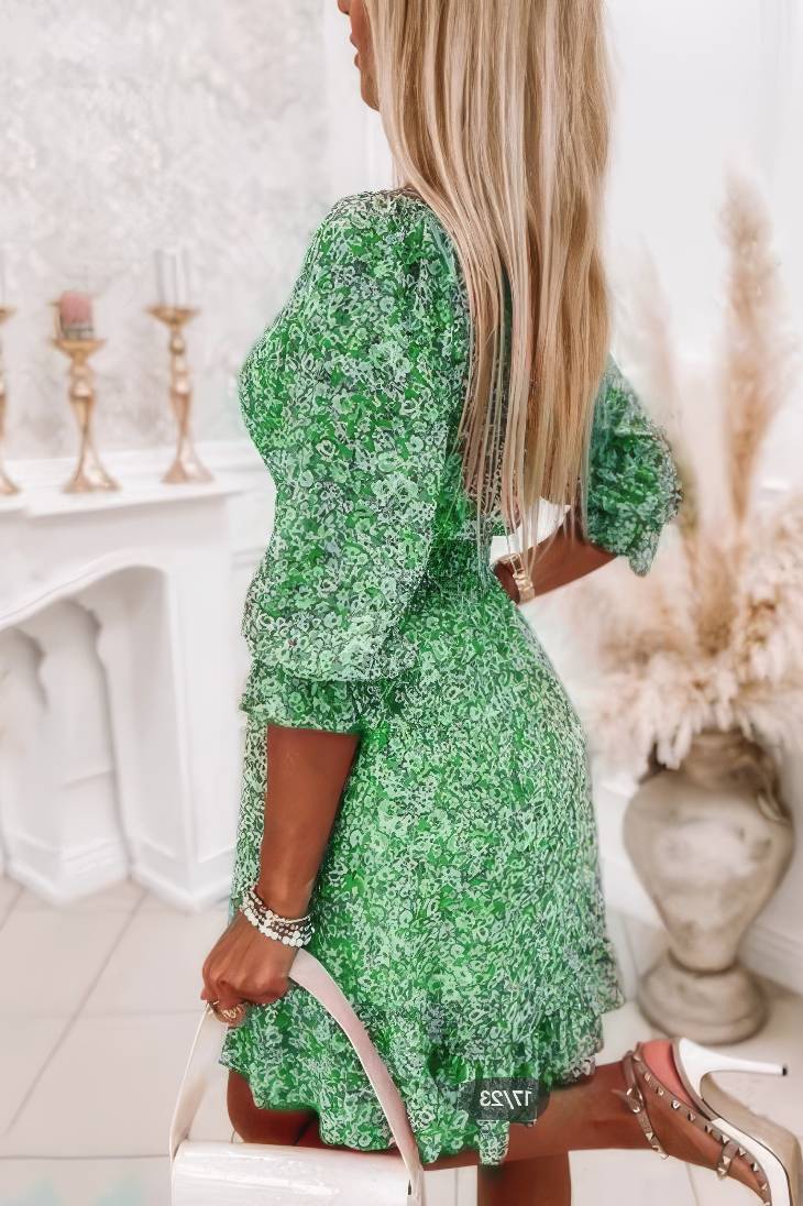 Vestido Boho Floral Corto Escote V Manga 3/4 Fluid