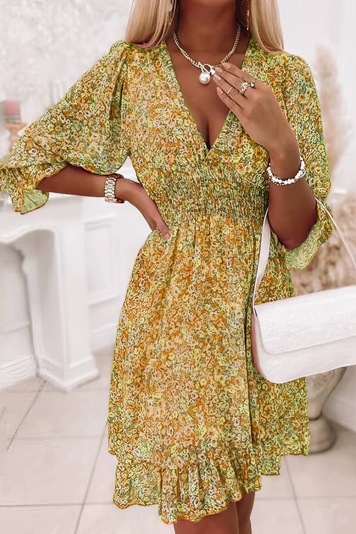 Vestido Boho Floral Corto Escote V Manga 3/4 Fluid