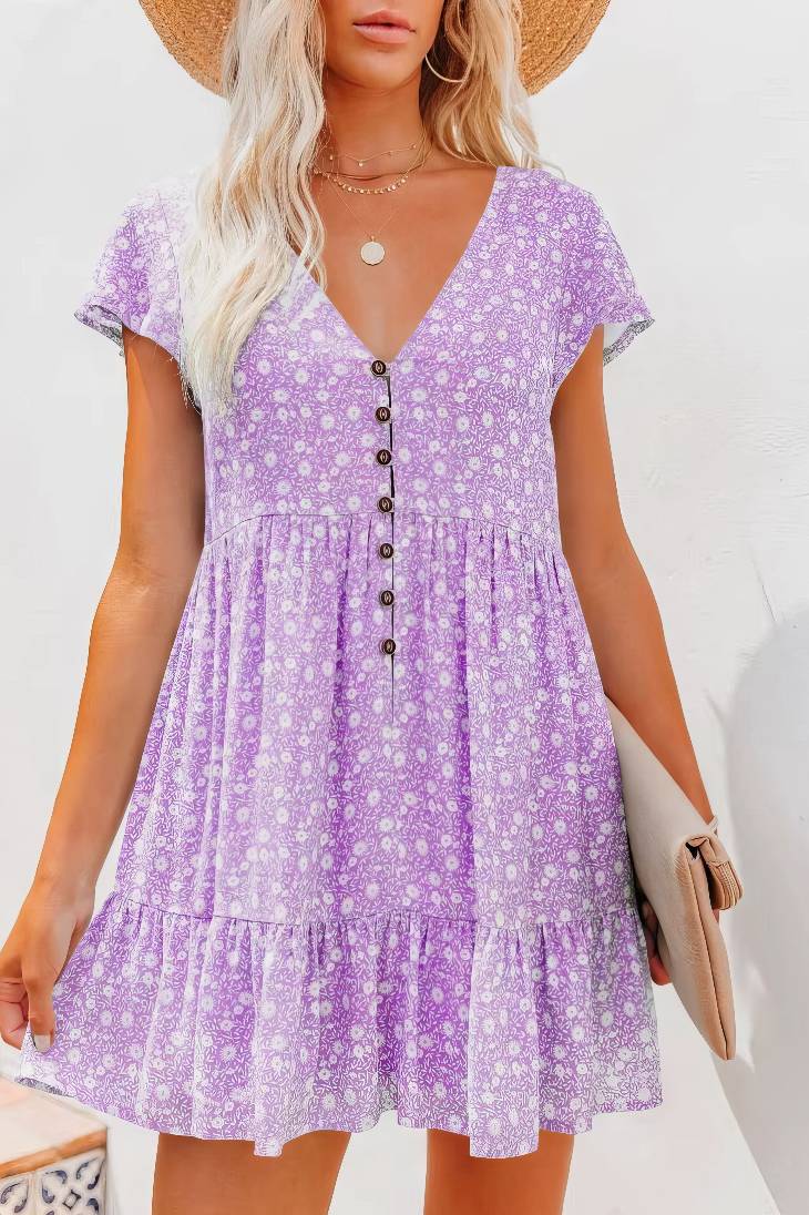 Vestido Boho Floral Corto Escote V Manga Corta Con Botones