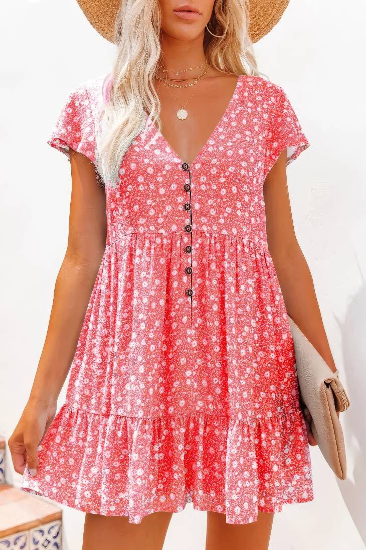 Vestido Boho Floral Corto Escote V Manga Corta Con Botones