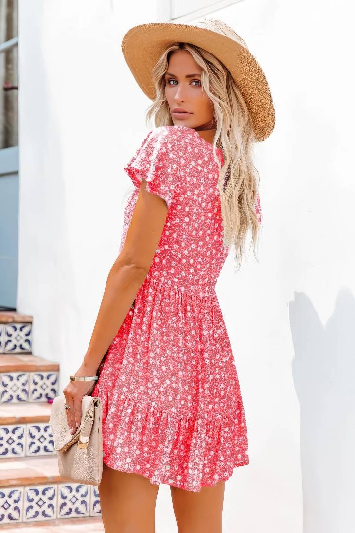 Vestido Boho Floral Corto Escote V Manga Corta Con Botones