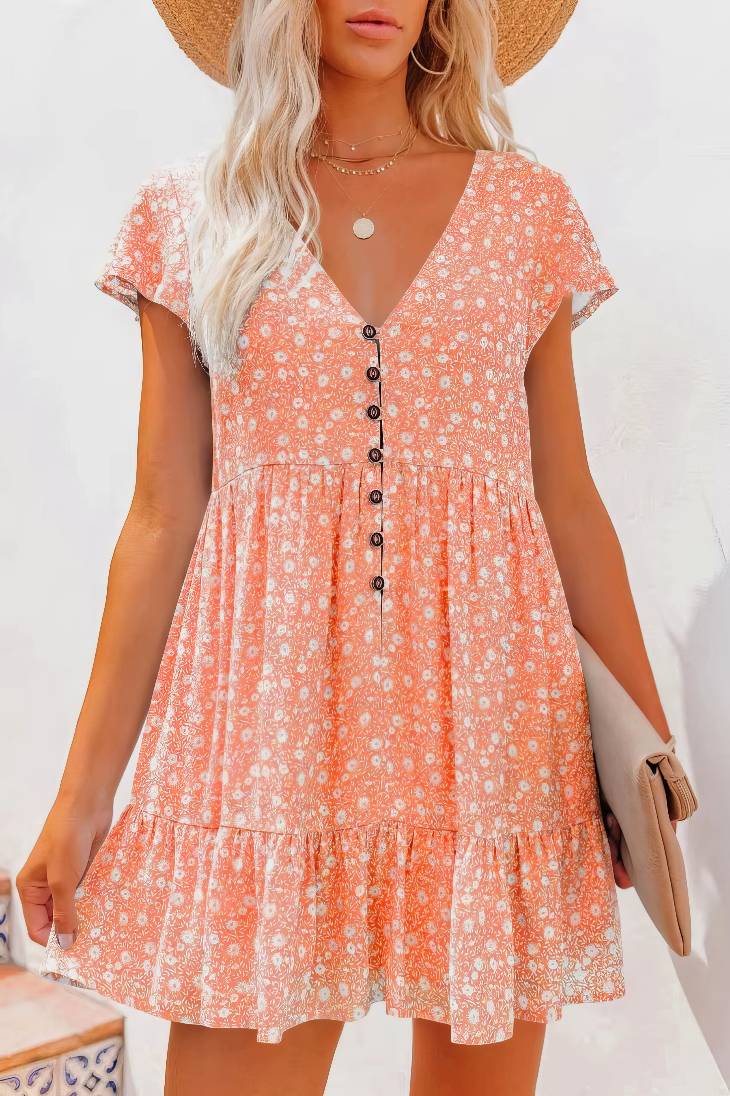 Vestido Boho Floral Corto Escote V Manga Corta Con Botones