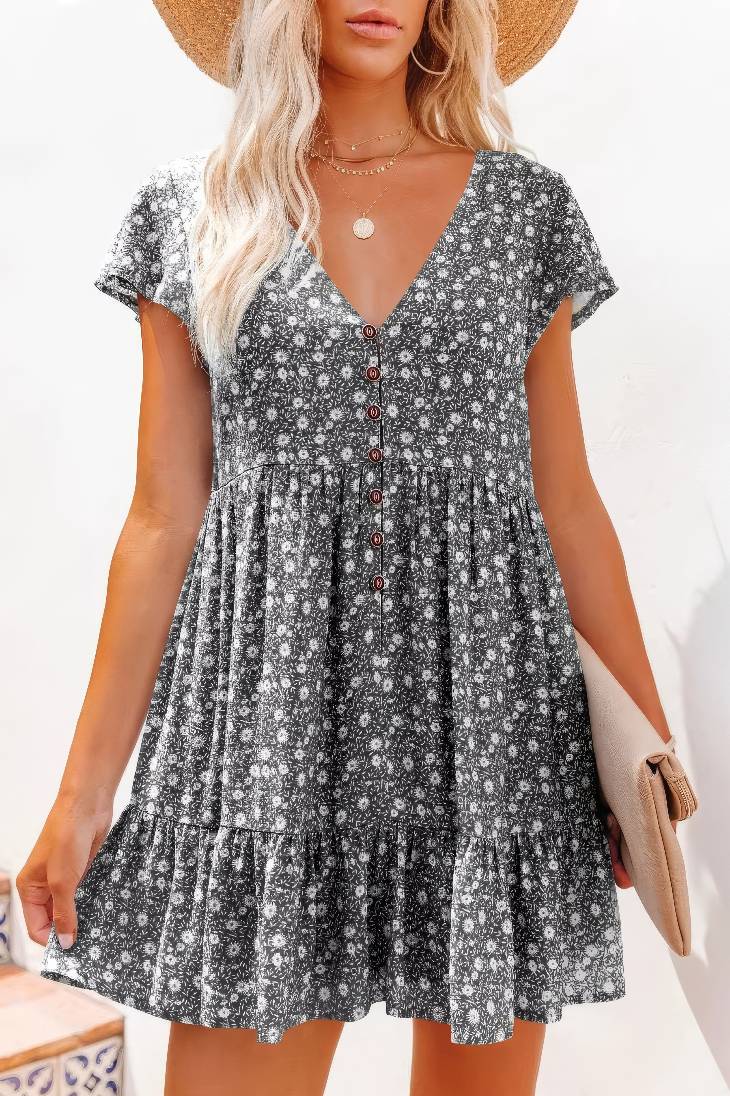 Vestido Boho Floral Corto Escote V Manga Corta Con Botones