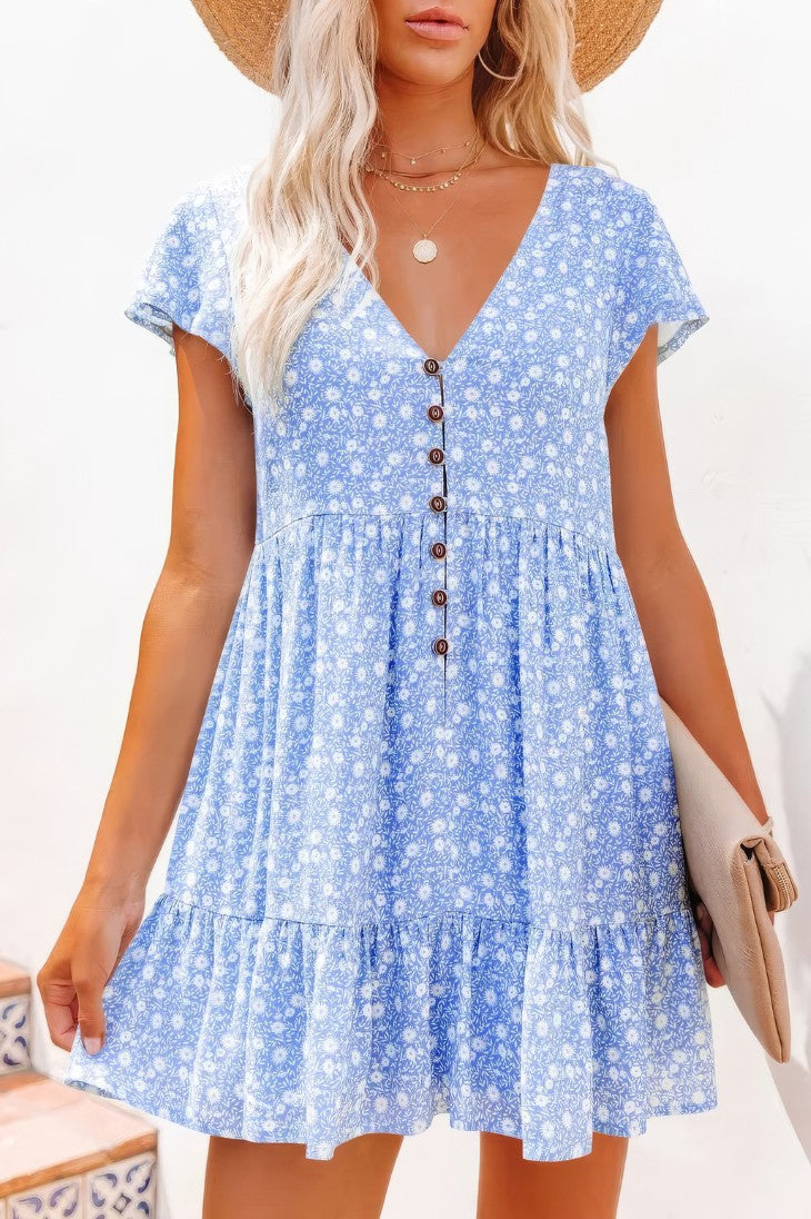 Vestido Boho Floral Corto Escote V Manga Corta Con Botones