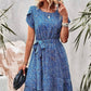 Vestido Boho Floral Corto Manga Corta Con Cinturón