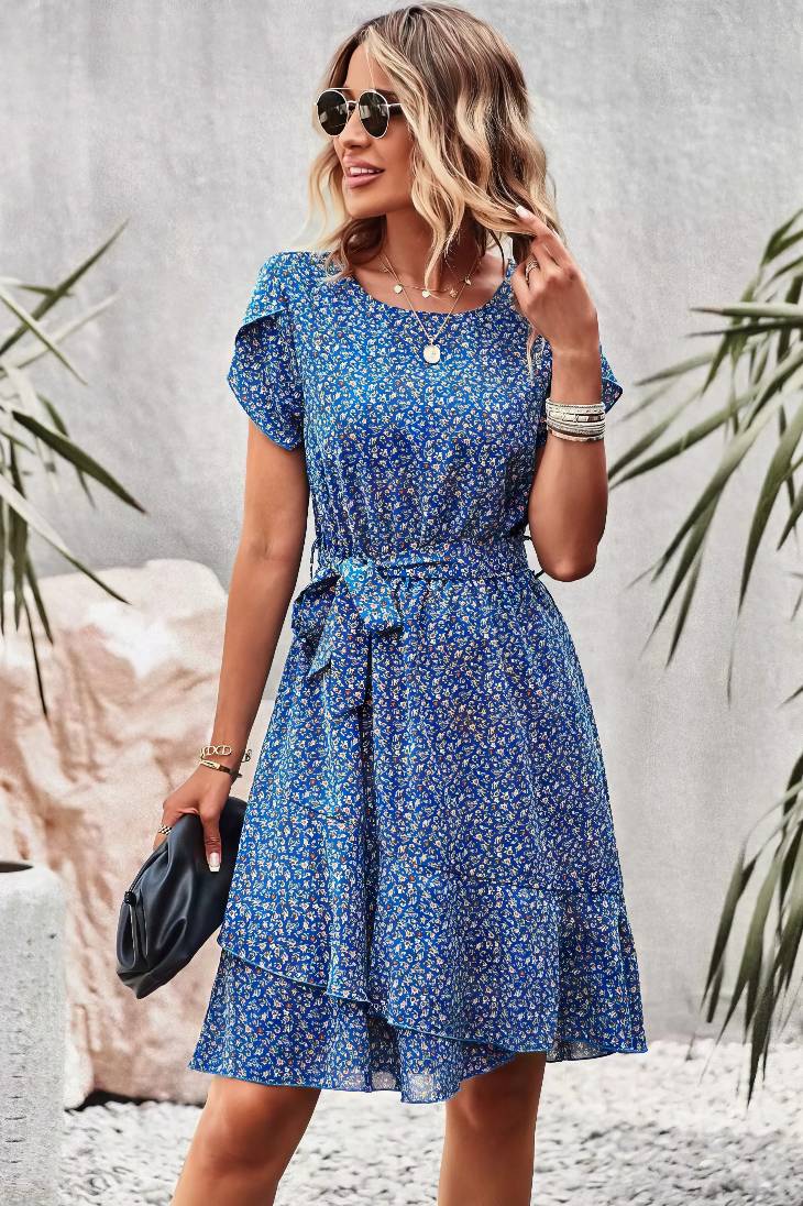 Vestido Boho Floral Corto Manga Corta Con Cinturón