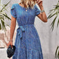 Vestido Boho Floral Corto Manga Corta Con Cinturón