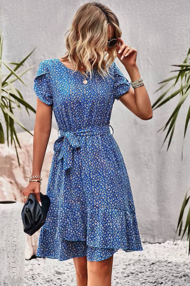 Vestido Boho Floral Corto Manga Corta Con Cinturón