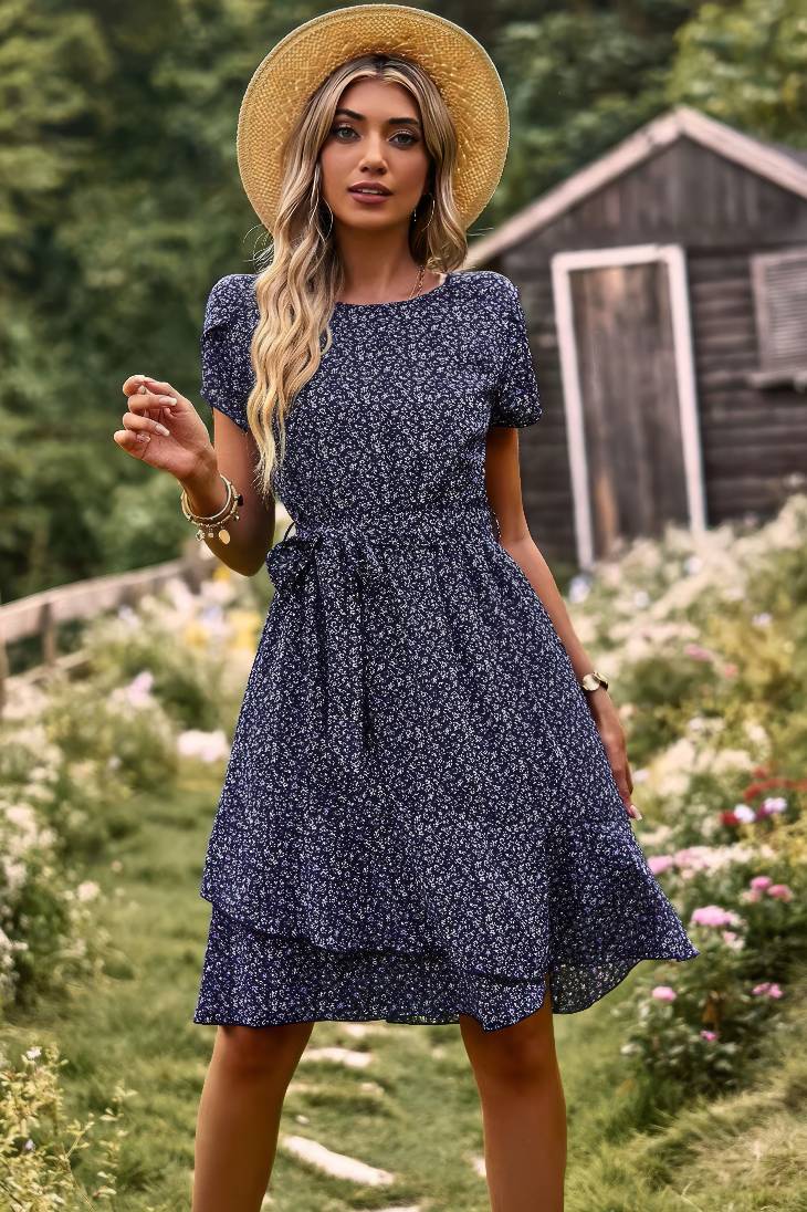Vestido Boho Floral Corto Manga Corta Con Cinturón