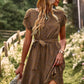 Vestido Boho Floral Corto Manga Corta Con Cinturón