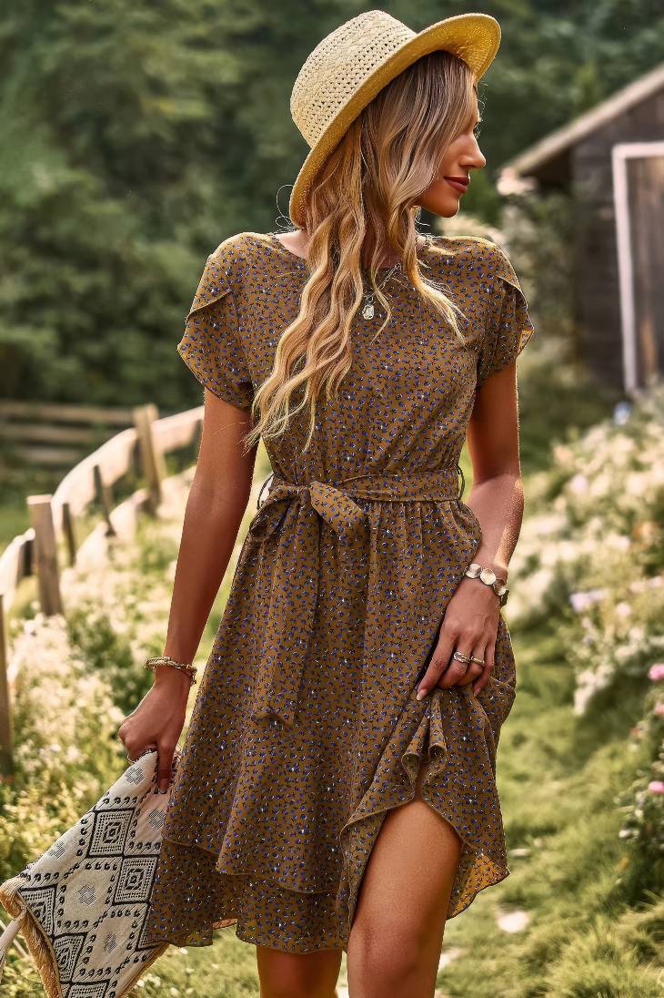 Vestido Boho Floral Corto Manga Corta Con Cinturón
