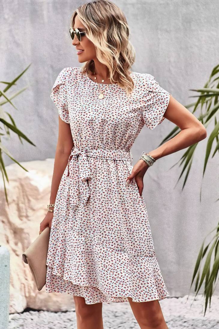 Vestido Boho Floral Corto Manga Corta Con Cinturón