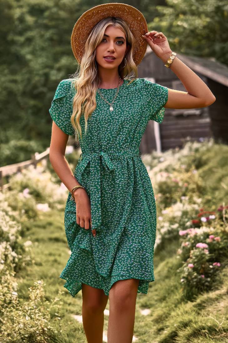 Vestido Boho Floral Corto Manga Corta Con Cinturón