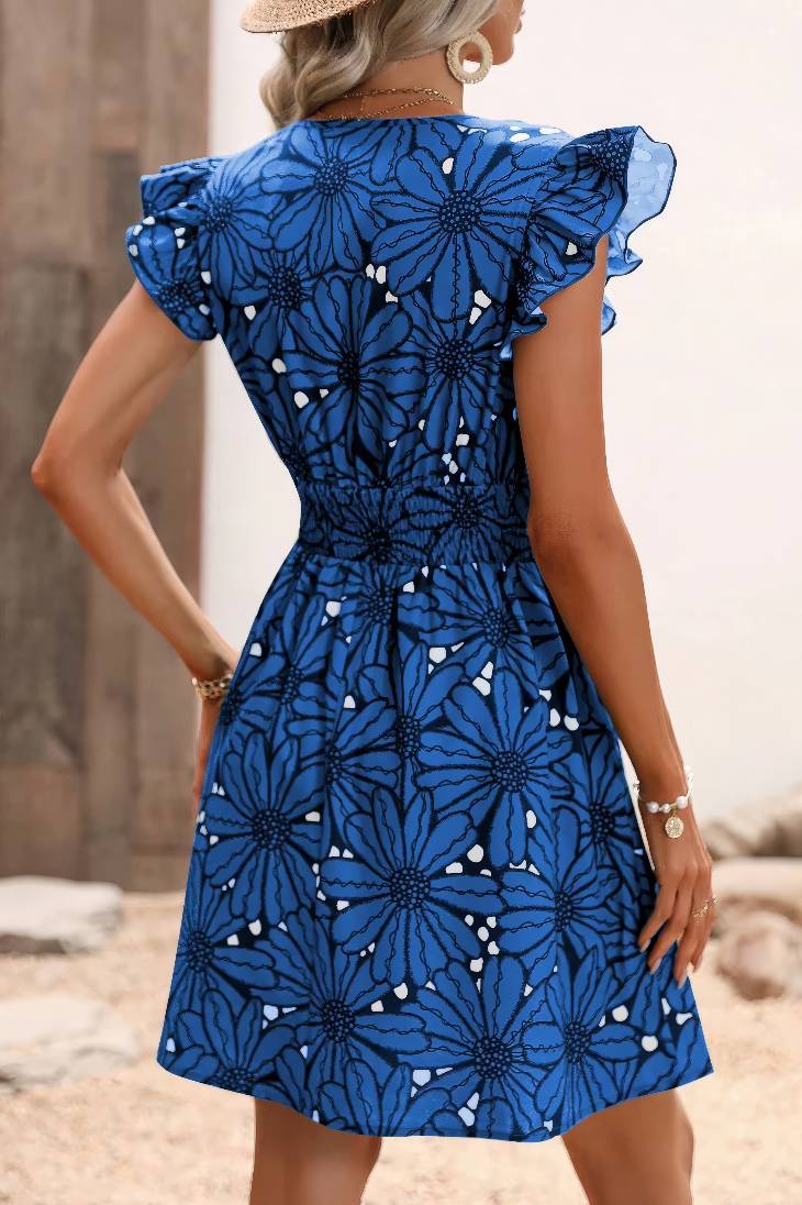 Vestido Boho Floral Corto Manga Corta Con Volantes Escote En V