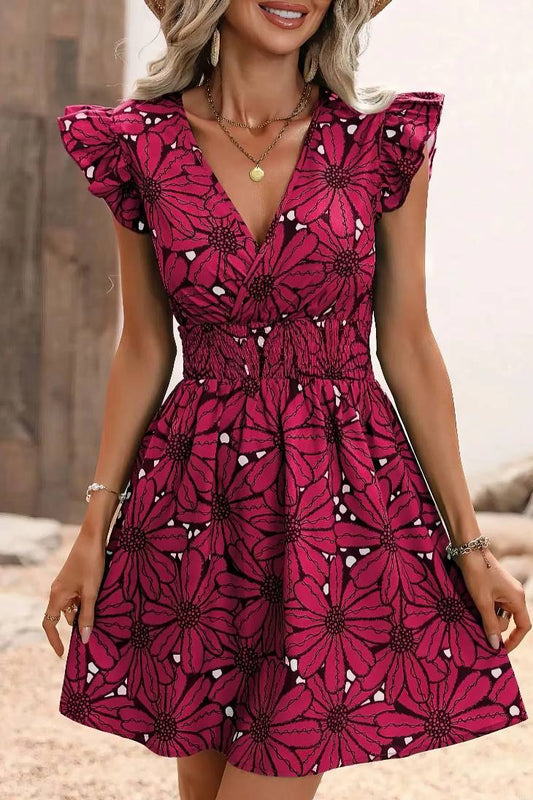 Vestido Boho Floral Corto Manga Corta Con Volantes Escote En V