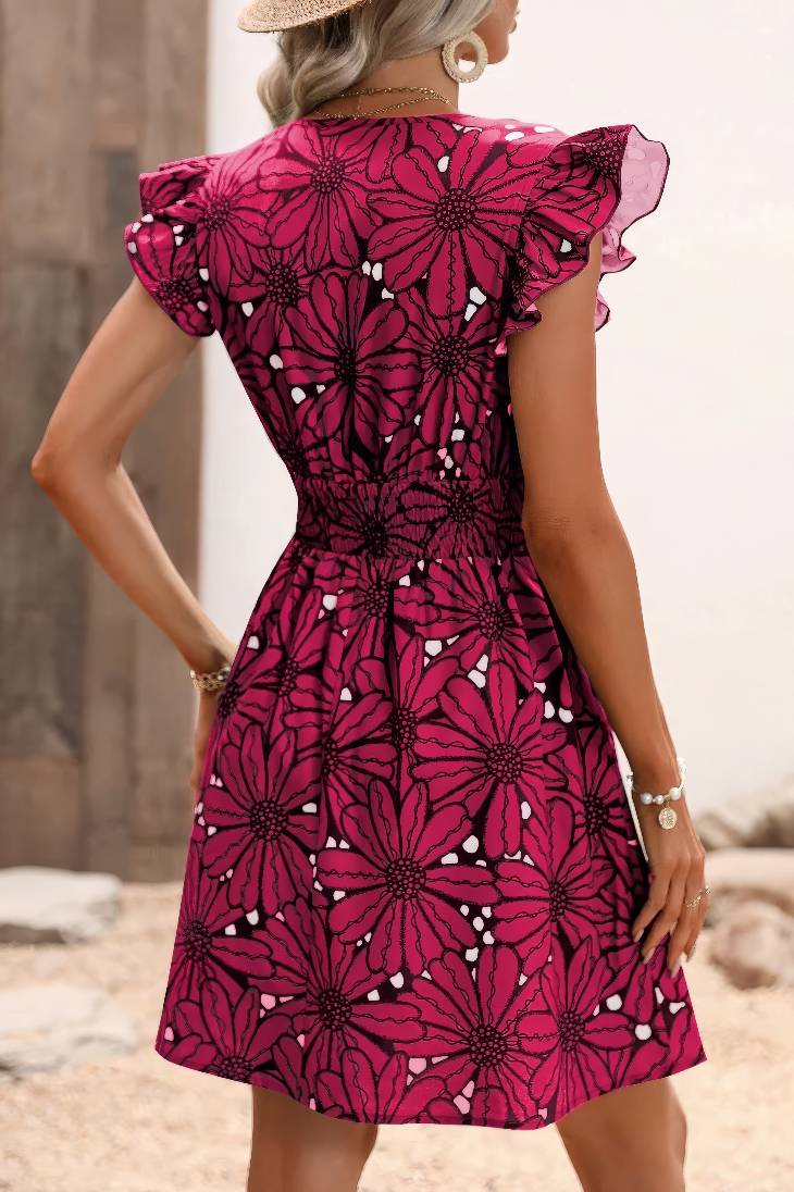Vestido Boho Floral Corto Manga Corta Con Volantes Escote En V