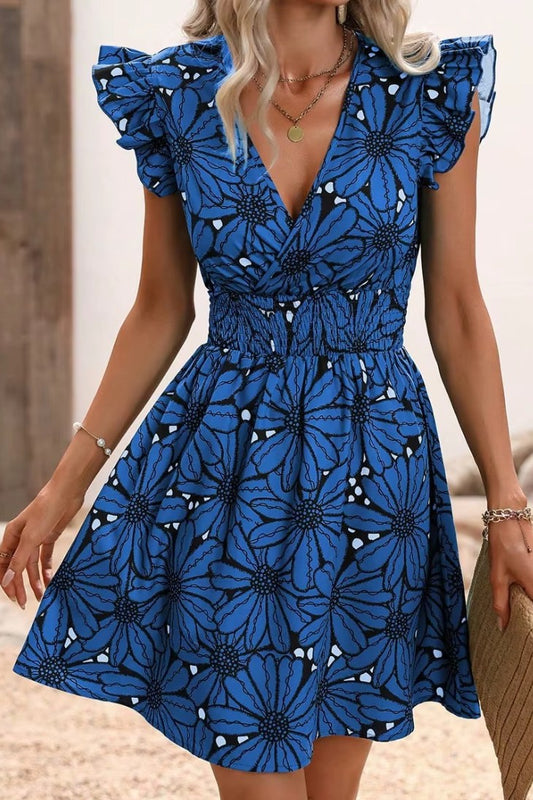 Vestido Boho Floral Corto Manga Corta Con Volantes Escote En V