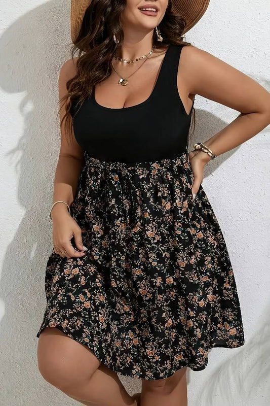 Vestido Boho Floral Corto Sin Mangas Cuello Redondo Talla Grande