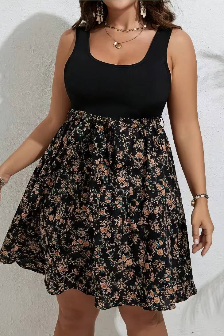 Vestido Boho Floral Corto Sin Mangas Cuello Redondo Talla Grande