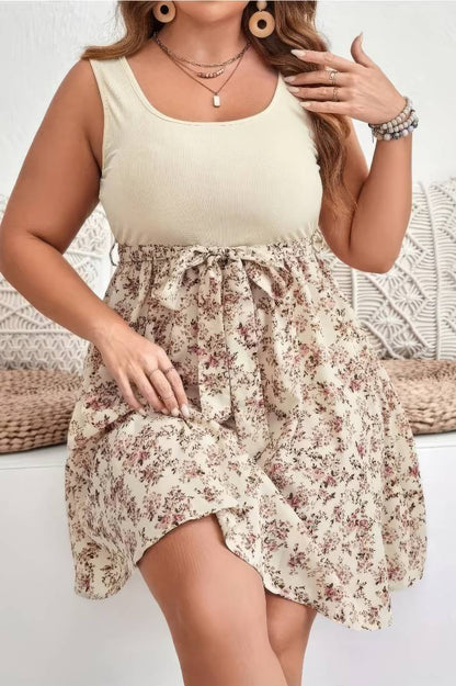 Vestido Boho Floral Corto Sin Mangas Cuello Redondo Talla Grande