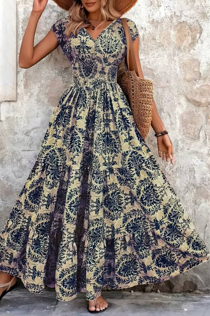 Vestido Boho Floral Largo Escote V Fluido