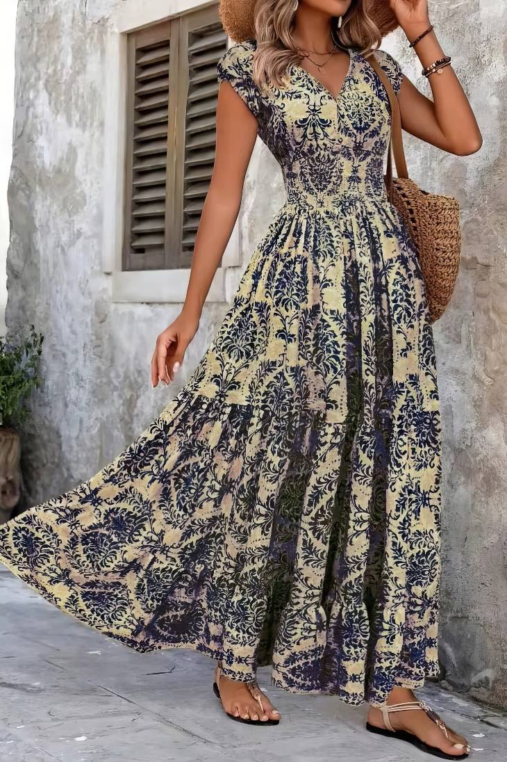 Vestido Boho Floral Largo Escote V Fluido