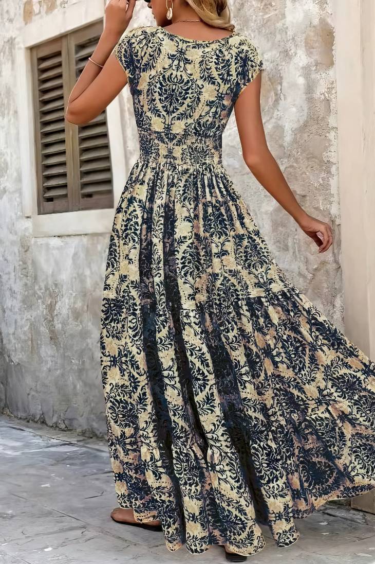 Vestido Boho Floral Largo Escote V Fluido