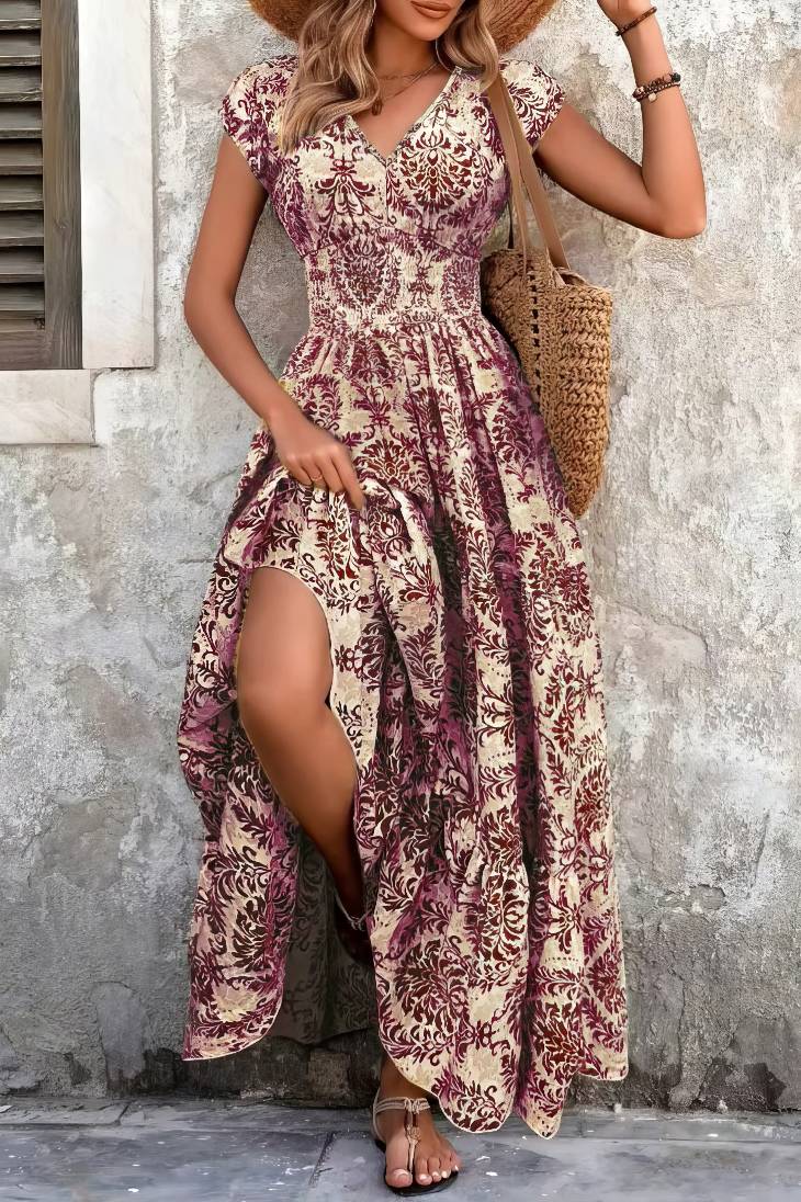 Vestido Boho Floral Largo Escote V Fluido