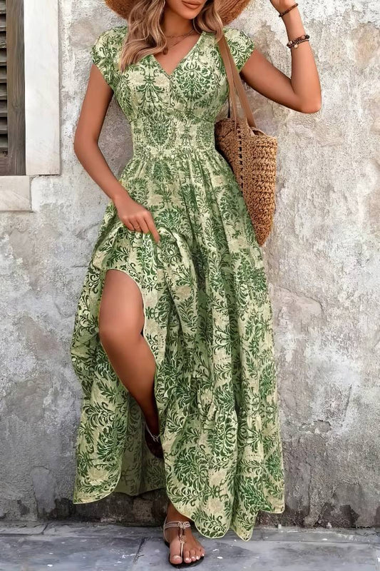 Vestido Boho Floral Largo Escote V Fluido