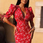 Vestido Boho Floral Largo Escote V Manga Abullonada