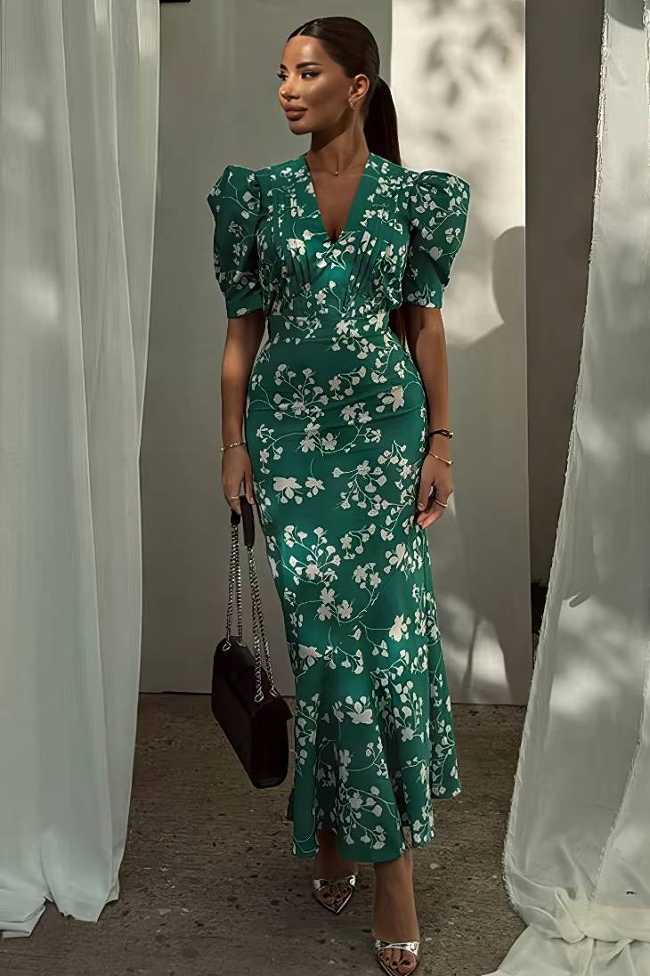 Vestido Boho Floral Largo Escote V Manga Abullonada