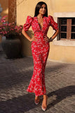 Vestido Boho Floral Largo Escote V Manga Abullonada