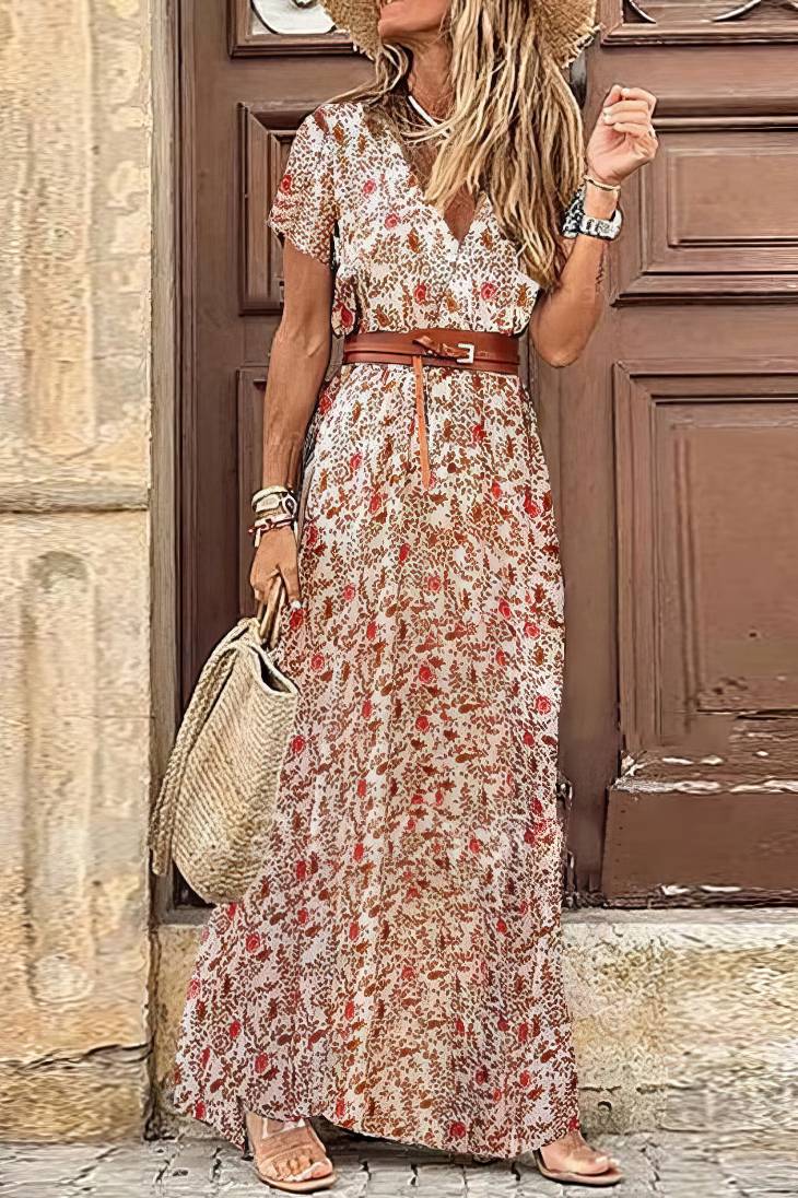 Vestido Boho Floral Largo Escote V Manga Corta Con Cinturón