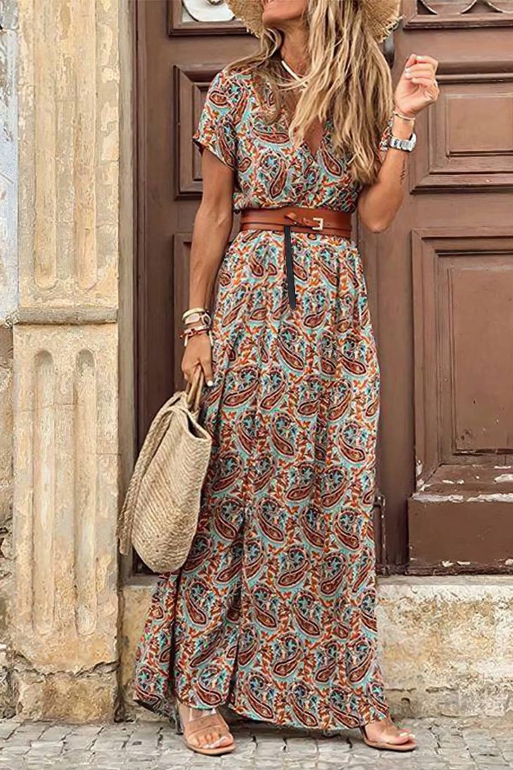 Vestido Boho Floral Largo Escote V Manga Corta Con Cinturón