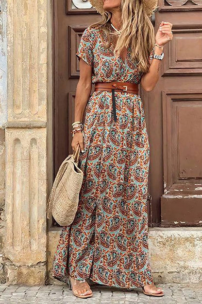 Vestido Boho Floral Largo Escote V Manga Corta Con Cinturón