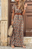 Vestido Boho Floral Largo Escote V Manga Corta Con Cinturón
