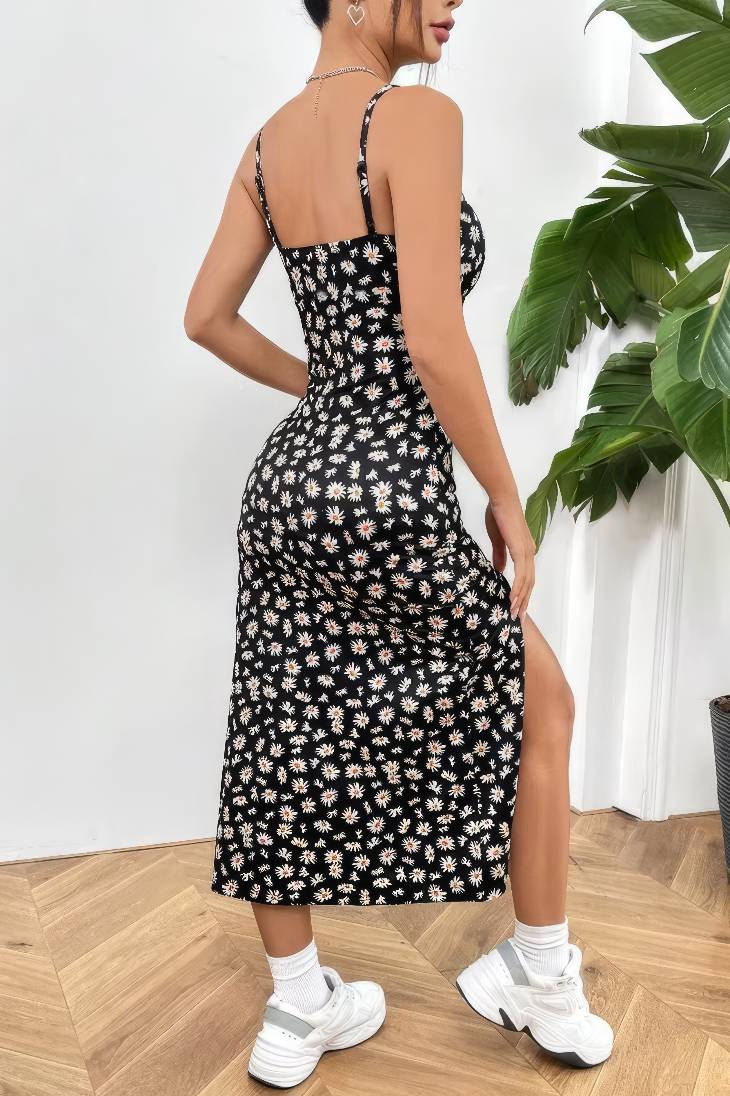 Vestido Boho Floral Largo Tirantes Finos Sin Mangas Escote Recto Con Abertura