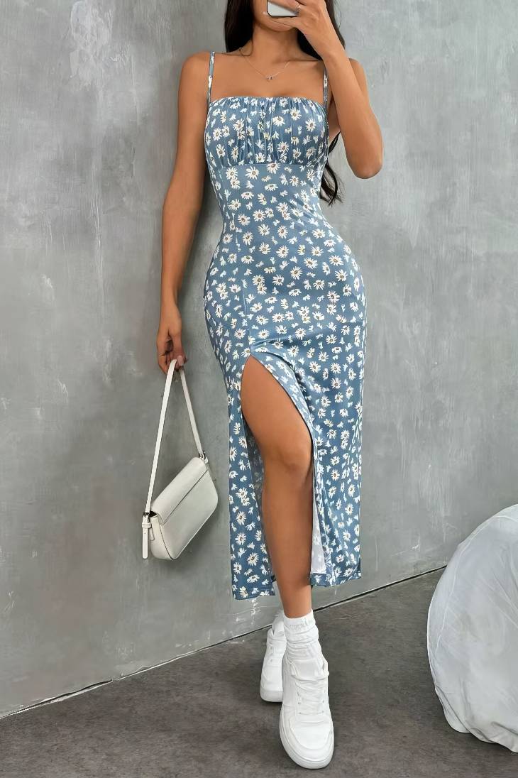 Vestido Boho Floral Largo Tirantes Finos Sin Mangas Escote Recto Con Abertura