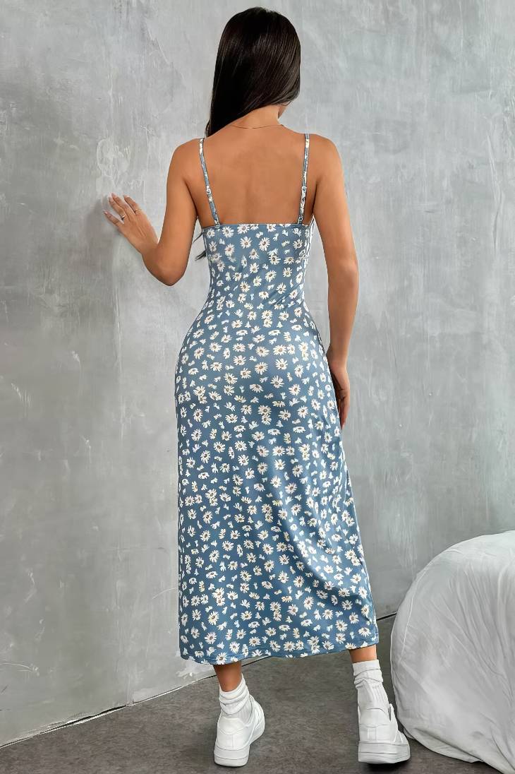 Vestido Boho Floral Largo Tirantes Finos Sin Mangas Escote Recto Con Abertura