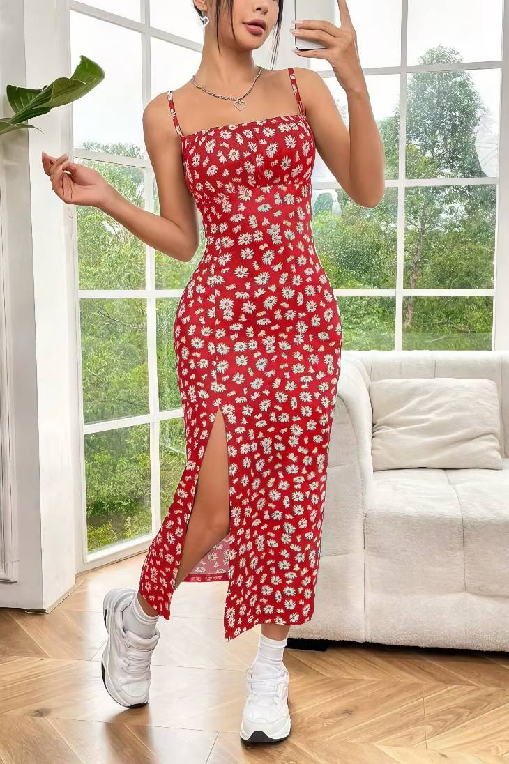 Vestido Boho Floral Largo Tirantes Finos Sin Mangas Escote Recto Con Abertura