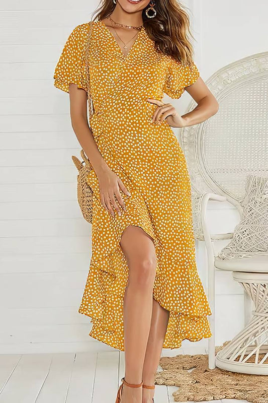 Vestido Boho Floral Manga Corta Cuello En V