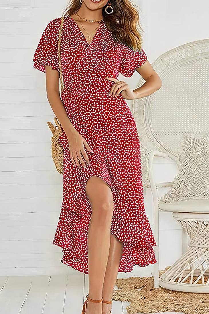 Vestido Boho Floral Manga Corta Cuello En V