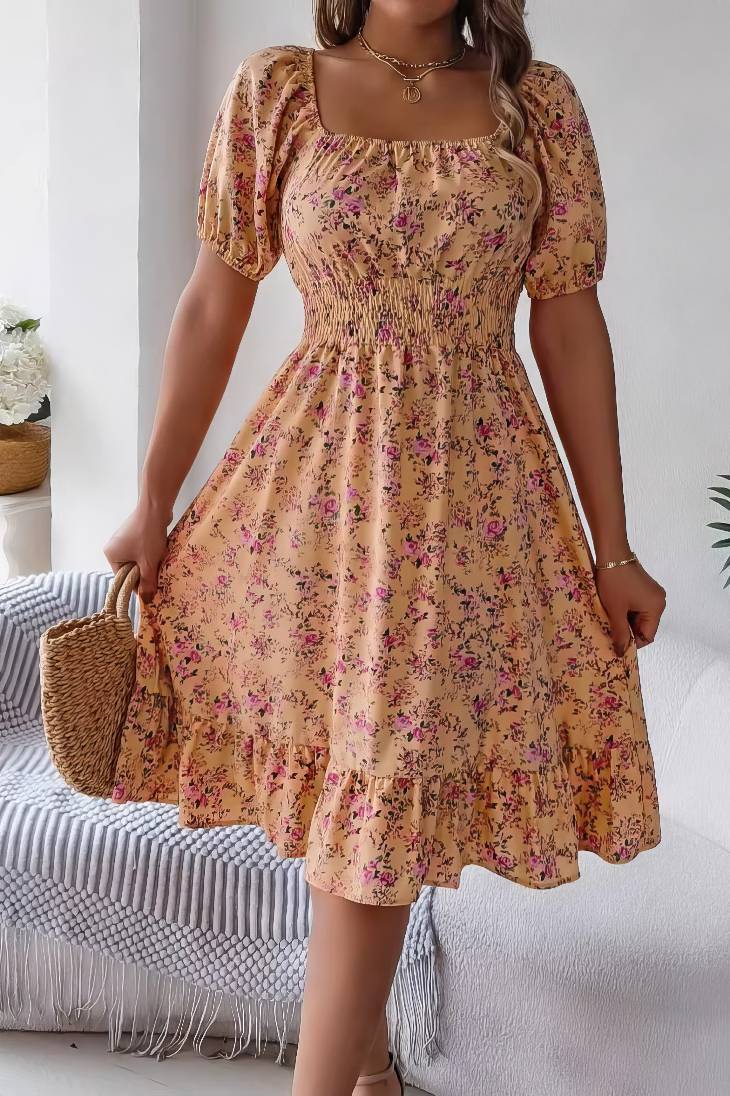 Vestido Boho Floral Manga Corta Escote Cuadrado Con Volantes