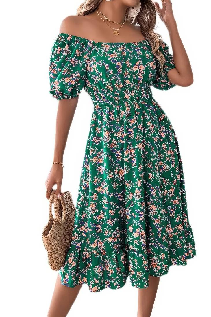 Vestido Boho Floral Manga Corta Escote Cuadrado Con Volantes