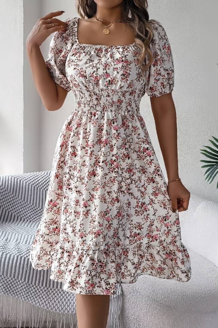 Vestido Boho Floral Manga Corta Escote Cuadrado Con Volantes