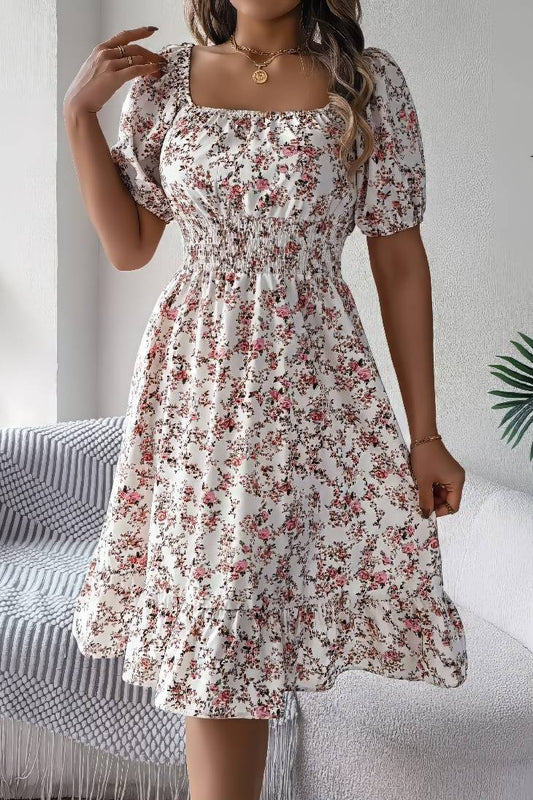 Vestido Boho Floral Manga Corta Escote Cuadrado Con Volantes