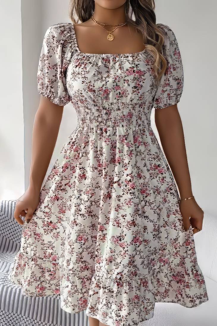 Vestido Boho Floral Manga Corta Escote Cuadrado Con Volantes